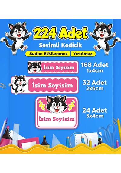Sevimli Kedi Temalı Okul Kreş Kişiye Özel İsim Etiket Seti - Model 350 Çok Renkli