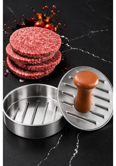 Hamburger Köfte Presi - Hamburger Press - Köfte Şekillendirici - Ahşap Saplı - Profesyonel Paslanmaz Çelik Krom