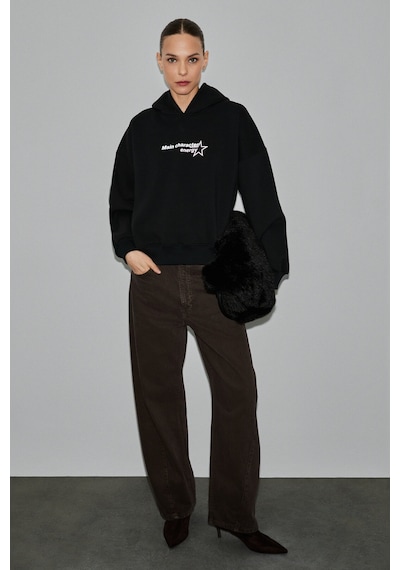 Grımelange Teraly Kadın Organik Pamuklu Polarlı Kumaşlı Baskı Detaylı Siyah Sweatshirt Siyah