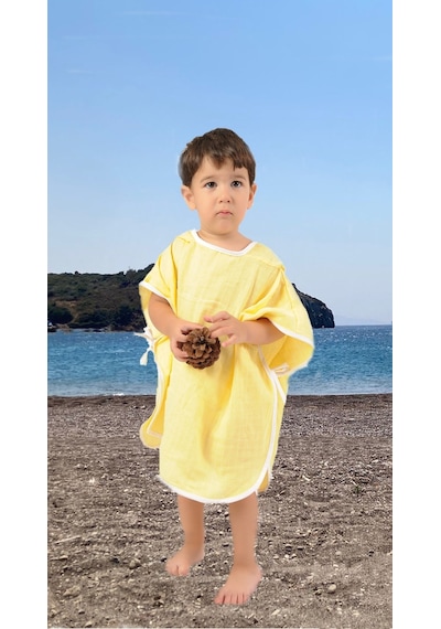Çocuk Bebek Müslin Panço Kapüşonlu 1-4 Yaş - Sarı