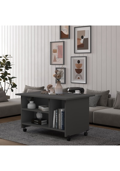 Asra Trend Orta Sehpa OS001 %100 MDF Tekerlekli İki Katlı Geniş Raf Takımı Antrasit