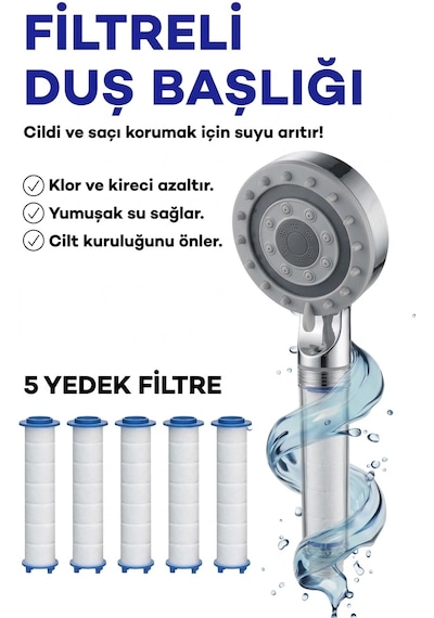 Yüksek Basınçlı Arıtmalı Masajlı 5 Fonksiyonlu Duş Başlığı 5 Adet Yedek Filtre Kireç Önleyici Tazyikli Su Tasarruflu Masajlı Banyo Başlık Seti Beyaz - Krom
