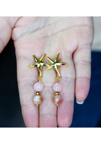 Yıldız Model Altın Kaplama Sitrin Pembe Kuvars Doğal Taşlı Küpe Kadın Sallantılı Küpe Euku36sp Sarı