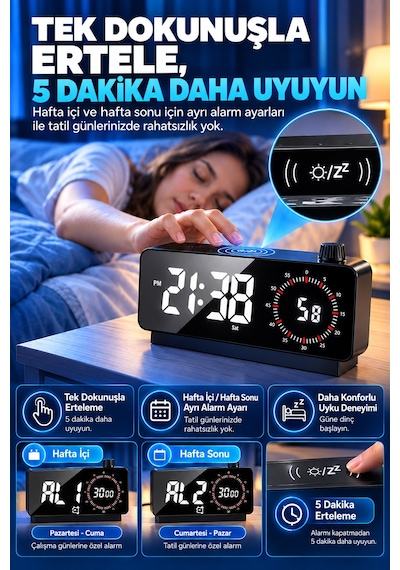 Hymark Görsel Zamanlayıcı Led Şarj Edilebilir Dijital Çalar Saat Siyah