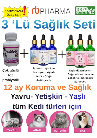 Kedi Sağlık Seti 3'lü - Güçlü Toz Probiyotik, Doğal Iştah Açıcı Ve Ishal Önleyici Bağışıklık Damlası