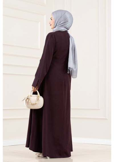 Sevitli Beli Bağlama Detaylı Bihter Elbise-mürdüm-5873