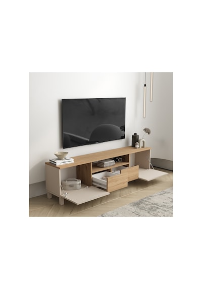 Mood Tv Ünitesi Sehpası 2 Kapaklı 2 Çekmeceli Ahşap Ayaklı 180cm Kumsal-sepet Md1-cs Bej