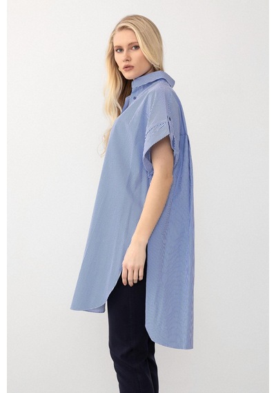 Olcay Yandan Yırtmaçlı Çizgili Poplin Tunik Mavi 9283