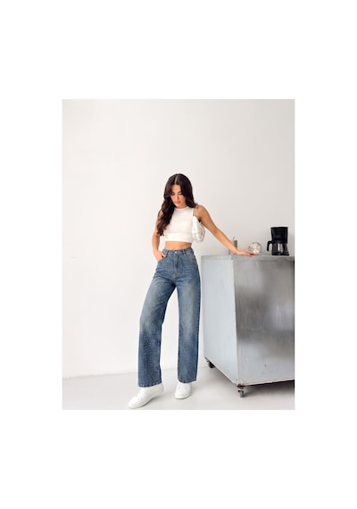 Kene Jeans Ön Taşlı Yeşil Tint Denim Wide Leg/bol Paça Pantolon Yeşil Tintli