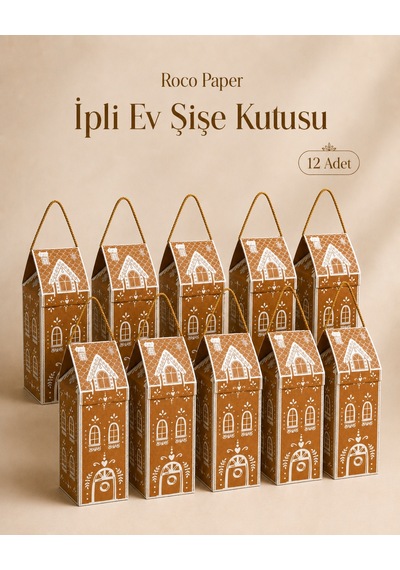 Yılbaşı Ev Tasarımlı Kraft Şişe Kutusu, Dekoratif Yeniyıl Temalı Parti Hediye Çantası, 2li Paket