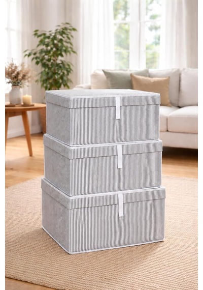 Çok Amaçlı Düzenleyici Kapaklı Sandık Tipi Kutu Hurç Organizer 3 Lü Set Gri, Maxi 50 X 40 X 30 Diğer