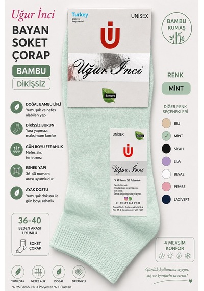 Uğur İnci Bayan Bambu Dikişsiz Soket Çorap 36-40 Numara Yumuşak Dokulu Günlük Çorap 6 Lı Paket Mint Yeşili