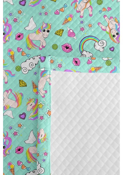 Evimde Bambaşka Mint Unicorn Gökkuşağı Kız Çocuk Pike Takımı-pastel Bulut Kalp Bebek Odası Yatak Örtüsü-160x220  CM