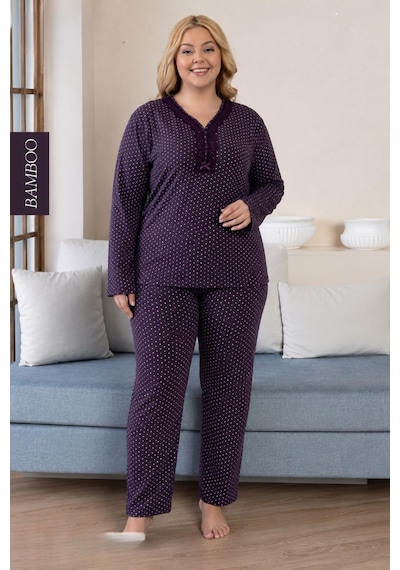 Derya Kadın Büyük Beden Dantel Yaka Bambu Uzun Kol İnce Pijama Takımı 8107m - 1 Adet Mürdüm Derya Kadın Büyük Beden Dantel Yaka Bambu Uzun Kol İnce Pijama Takımı 8107m - 1 Adet Mürdüm