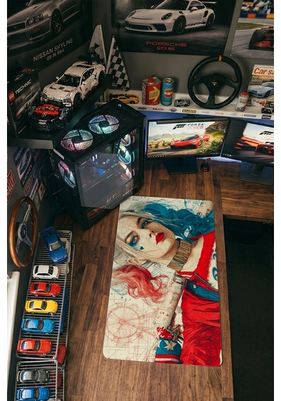Harley Quinn Kırmızı Mavi Blueprint 40x90 Cm Oyuncu Mousepad Kaymaz Taban Büyük Boy Mousepad Siyah