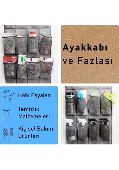 Valkyrie Kapı Arkası Ayakkabı Organizer 24 Gözlü Askılı Dolap İçi Düzenleyici 4 Kancalı Gri Gri
