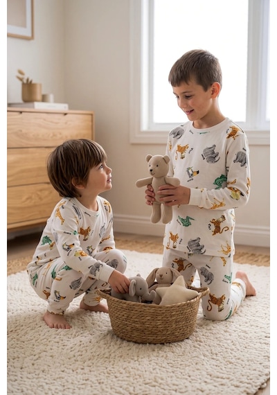 Zuzunga Erkek Çocuk %100 Pamuk Süprem Kumaş Uzun Kollu Mevsimlik Pijama Takımı BEYAZ