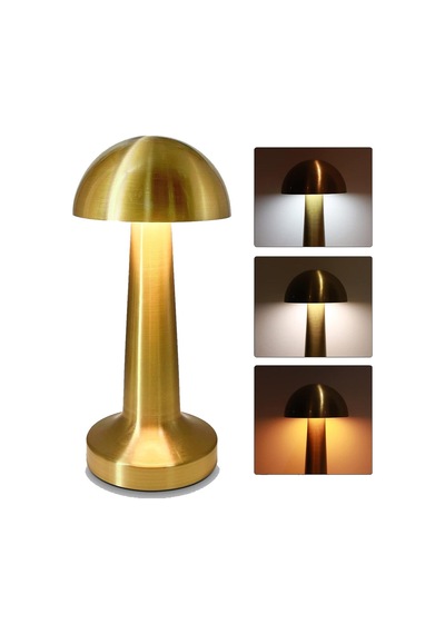 Mantar Masa Lambası Gold Renk Şarjlı Kablosuz Metal Masa Lambası, Dokunmatik Led Başucu Lambası