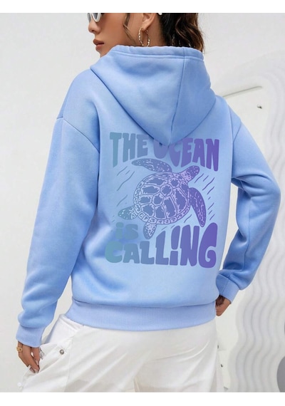 Uyguntarz Unisex The Ocean İs Calling Baskılı Tasarım Oversize Sweatshirt Bebe Mavisi