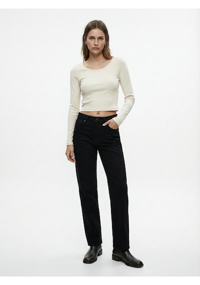 LTB Uzun Kollu Bisiklet Yaka Crop Krem Sweatshırt Karışık