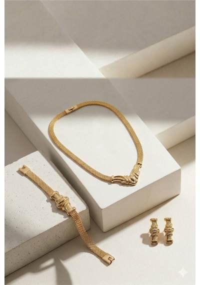 Altın Kaplama Hasır Choker Kolye Geniş Mesh Şık Kadın Gerdanlık Bileklik Küpe 3'lü Takı Seti Özel Gün