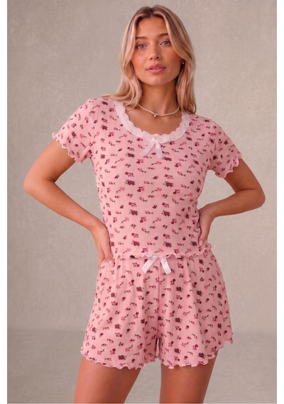 Bella Notte Çiçekli Dantel Kare Yakalı Örme Kısa Kollu Şort Pijama Takımı Pembe