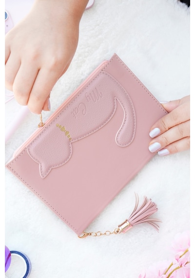 Vj Kedili Geçmeli Vegan Kapaklı Defter 13x18 Cm. 100 Gr. 160 Say. Cepli Fermuarlı Pembe Çok Renkli
