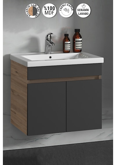 55 Cm Atlantik Çam-Antrasit Gri Mat Mdf Lavabolu Banyo Alt Dolabı Antrasit - Atlantik Çam