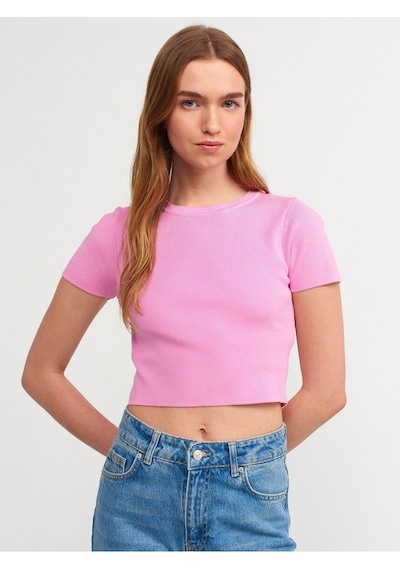 Dilvin 10357 Bisiklet Yaka Kısa Kol Crop Kazak-pembe-513 Pembe