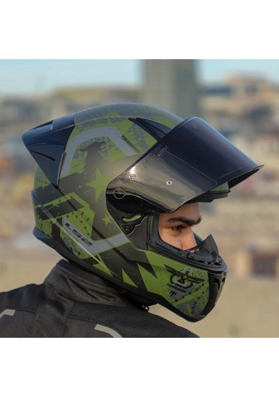 Siyah Vizörlü + Yarış Spoiler + Ls2 Rapid 2 Thunder Birs Race Kapalı Motosiklet Kaskı Mat Yeşil - Siyah