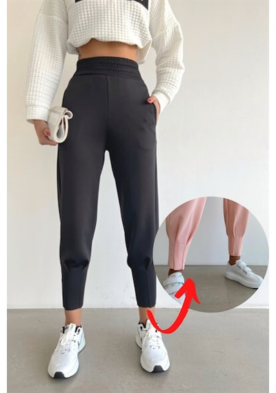 Trend Alisse Beli Gipeli Paçası Dikişli Kadın Scuba Pantolon Siyah