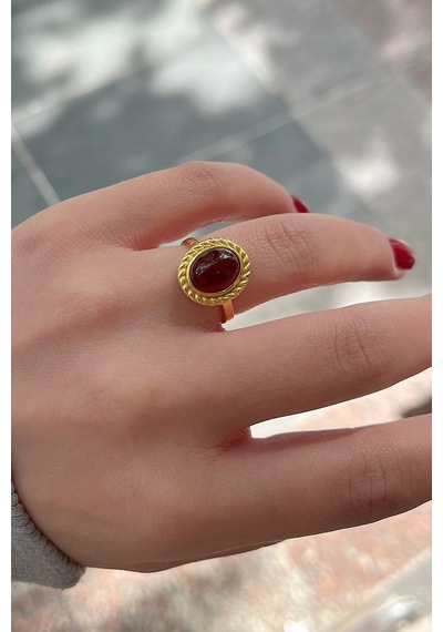 Gümüş Akik Taşlı Burgu Model Ayarlı Yüzük Sarı