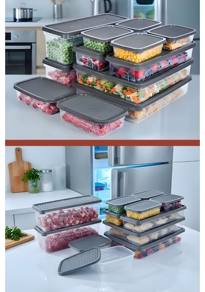 12 Li Buzdolabı Düzenleyici Set, Buzluk Derin Dondurucu Buzdolabı Saklama Kabı 12 Li Set 16 Litre Gri
