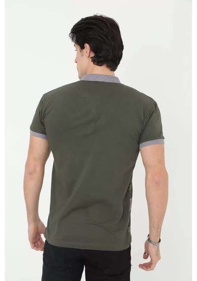 Erkek Yakalı Slim Fit Baskılı T-shirt - Haki Haki