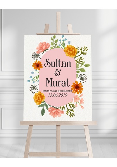 Söz Nişan Düğün İçin 50x70 Karşılama Panosu - Renkli Çiçek Tasarımlı 005 Beyaz
