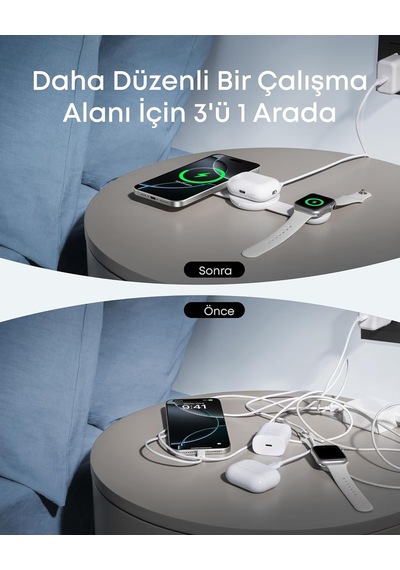 Maggo 3'ü 1 Arada Kablosuz Şarj İstasyonu, Qi2, 15w, Katlanabilir, Magsafe Uyumlu, Beyaz - B25m8