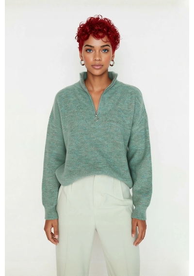 Ersefa Kadın Oversize Basic Dokulu Uzun Kollu Fermuarlı Dik Yaka Selanik Mint