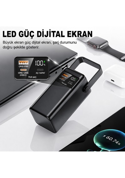 20.000 Mah Powerbank Kamp Lambası Dahili Usb-c & Lightning Kablolu Dijital Göstergeli Pd Hızlı Şarj Taşınabilir