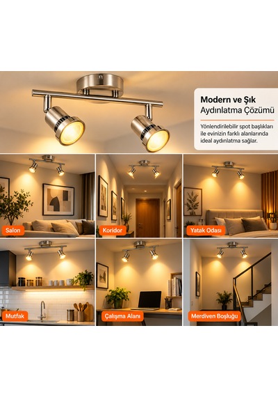 2 Li Gu10 Led Spot Aydınlatma Armatürü 2 2,6 W 460 Lümen 2700k Sıcak Beyaz Ampul Dahil Krom