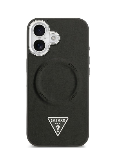 Apple Uyumlu iPhone 17 Kılıf Guess Lisanslı M-safeli Pu Deri Metal Kamera Çerçeveli Üçgen Logolu Siyah Siyah