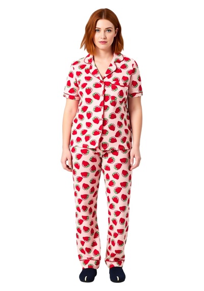 Ersefa Çilek Baskılı Gömlek Yaka Pijama Takımı Kadın Fonksiyonel Dayanık Pembe