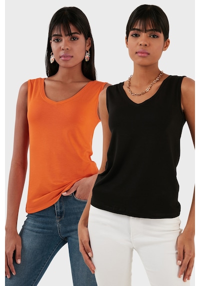 Lela Slim Fit V Yaka Kalın Askılı 2' Li Paket Bayan Bluz 5864384S2 Siyah-Oranj