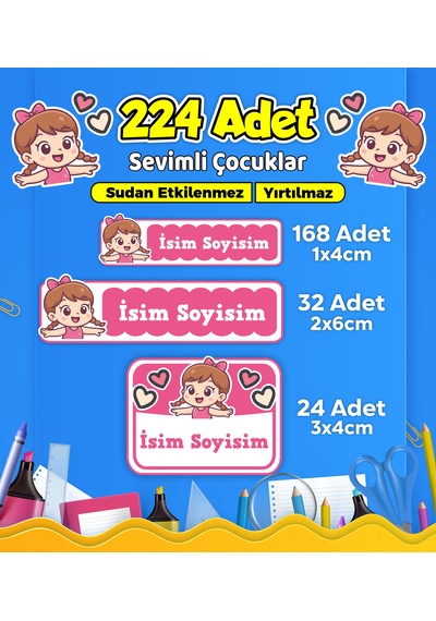 Sevimli Çocuklar Temalı Okul Kreş Kişiye Özel İsim Etiketi - Model 616 Çok Renkli