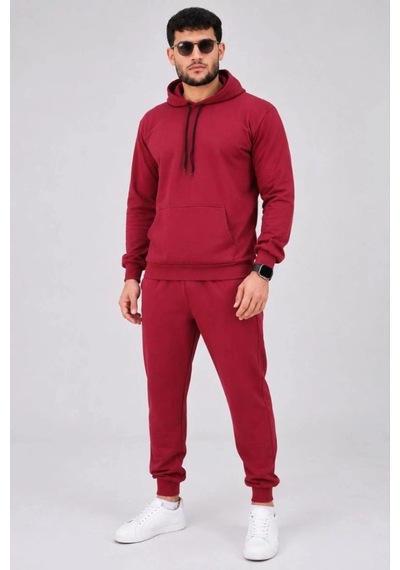 Freedom Storee Erkek İki İplik Kapüşonlu Kanguru Cepli Sweatshirt Jogger Pantolon Alt Üst Eşofman Takımı -bordo Çok Renkli