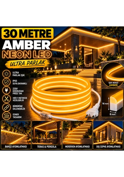 30 Metre 220v Amber Neon Led 8x16 Mm Ultra Parlak Ip65 Suya Dayanıklı Fişli Tak Çalıştır Montaj Aparatları Dahil