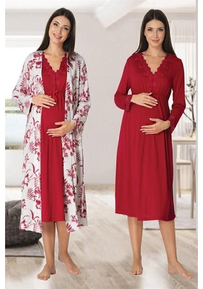 Effort Pijama Zerre Bebe Kadın Vişne Uzun Kollu Hamile Lohusa Gecelik Sabahlık Lohusa Set Vişne