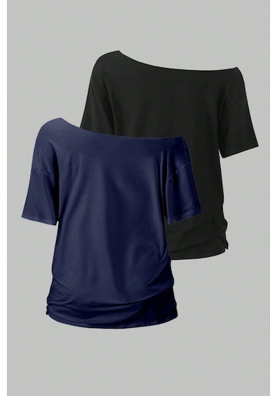 Siyah Lacivert 2li Paket Kadın Düşük Omuz Kayık Yaka Oversize T-shirt Siyah Lacivert