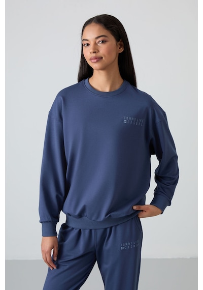 Tommy Life Petrol Basic Pamuklu O Yaka Oversize Lastik Paça Kadın Eşofman Takım - 95287 Petrol