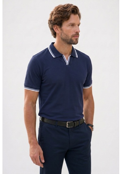Tudors Erkek Slim Fit Dar Kesim %100 Pamuklu Çizgili Detaylı V Yaka Lacivert Polo Yaka Tişört-51596 Tudors Erkek Slim Fit Dar Kesim %100 Pamuklu Çizgili Detaylı V Yaka Lacivert Polo Yaka Tişört-51596