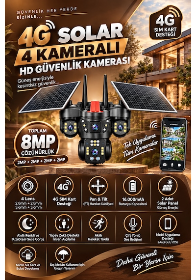Linadex Lx-4480 4g Solar 4 Kameralı Hd Güvenlik Kamerası-çift Solar